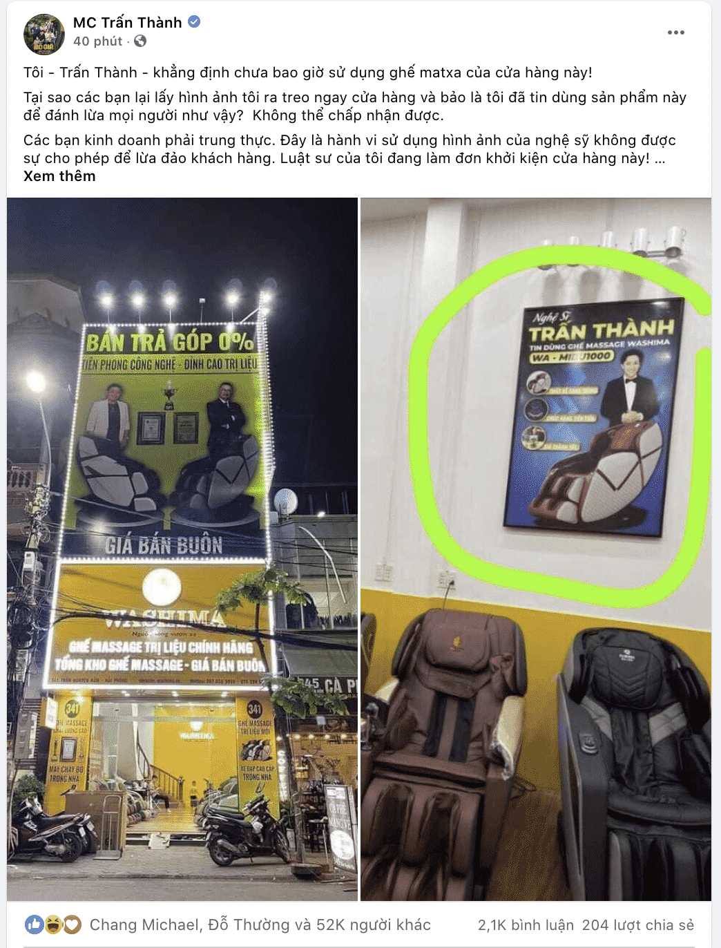 Sự thật MC Trấn Thành bóc phốt 1 thương hiệu ghế massage lừa đảo
